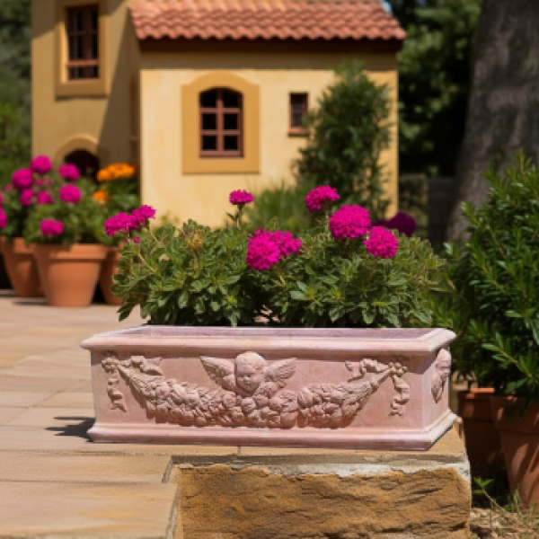 Bac à fleurs décoré avec putti et rinceaux en terre cuite Impruneta – élégance baroque italienne